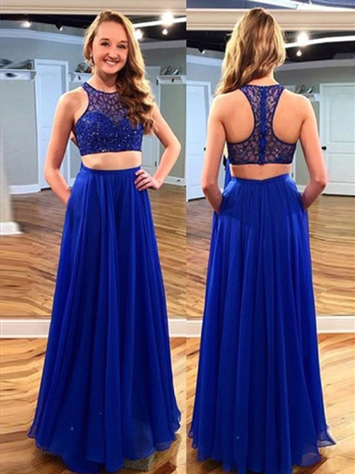 2017 Prom Dress,Royal Blue A-line Scoop Floor-length Chiffon Prom Dress Handmade Evening Gown Dress MK0624