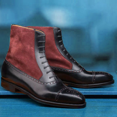Handmade black maroon two tone ankle high shoes suede leather boots - Thumbnail 5