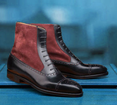Handmade Black Maroon Two Tone Ankle High Shoes Suede Leather Boots
