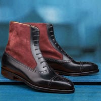 Handmade Black Maroon Two Tone Ankle High Shoes Suede Leather Boots - Thumbnail 1
