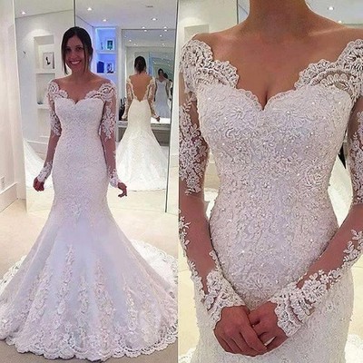 Vestido De Noiva Lace Wedding Dresses O-Neck Long Sleeve Button Sweep Train Applique Mermaid Wedding Gowns Dress