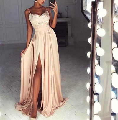 Elegant lace chiffon long prom dress,champagne evening dresses