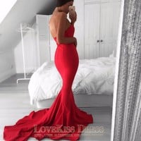Classical Women Prom Dress Sweetheart Off Shoulder Long Mermaid Red Prom Evening Dress with Long Train Cheap Pageant Dress - Thumbnail 1