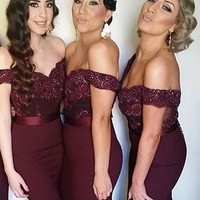 Mermaid Burgundy Wine Red Bridesmaid Dresses Strapless Sleeveless Button Sweep Train Satin with Lace with Sashes Long Bridesmaids Dresses - Thumbnail 1