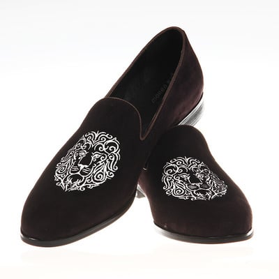 New handmade men's velvet shoes, men brown embroidered velvet casual shoes slipper - Thumbnail 5