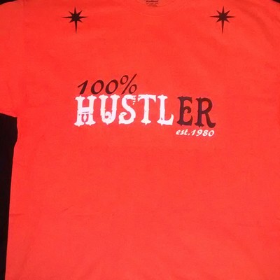 100% hustler (orange,black&white) t-shirt.