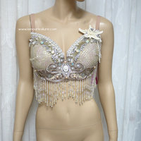 Nude Cream White Iridescent Mermaid Bra Top Costume Cosplay Dance Costume Rave Bra Rave Wear Halloween Burlesque Show Girl - Thumbnail 3