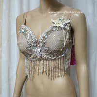 Nude Cream White Iridescent Mermaid Bra Top Costume Cosplay Dance Costume Rave Bra Rave Wear Halloween Burlesque Show Girl - Thumbnail 1