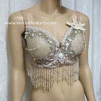 Nude Cream White Iridescent Mermaid Bra Top Costume Cosplay Dance Costume Rave Bra Rave Wear Halloween Burlesque Show Girl - Thumbnail 4