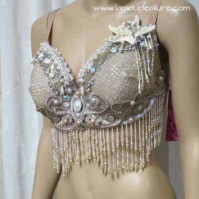 Nude cream white iridescent mermaid bra top costume cosplay dance costume rave bra rave wear halloween burlesque show girl - Thumbnail 4