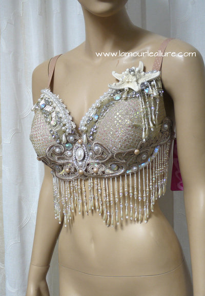 Nude Cream White Iridescent Mermaid Bra Top Costume Cosplay Dance Costume Rave Bra Rave Wear Halloween Burlesque Show Girl