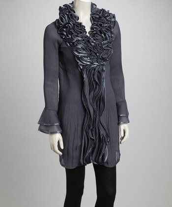 Long Sleeve Silk Blend Ruffle Tunic