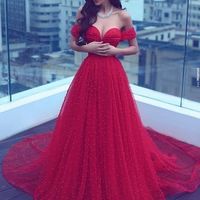 Amazing red tulle long prom dress with pearl,red evening dresses - Thumbnail 1