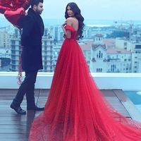 Amazing red tulle long prom dress with pearl,red evening dresses - Thumbnail 2