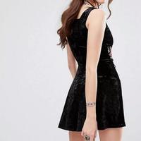 Floral Embroidery Tight Waist Velvet Dress - Thumbnail 1