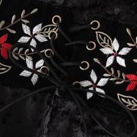 Floral Embroidery Tight Waist Velvet Dress - Thumbnail 3