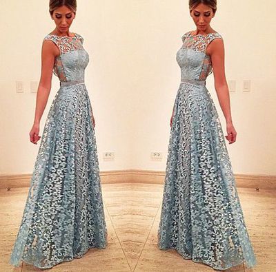 Stylish blue lace long prom dress, blue evening dresses