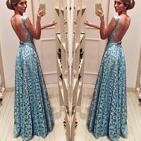 Stylish blue lace long prom dress, blue evening dresses - Thumbnail 1
