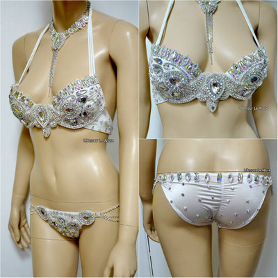 AB Silver Rhinestone Samba BraTheme Bikini Dance Fitness Comp Costume Rave Bra Burlesque Show Girl