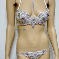 AB Silver Rhinestone Samba BraTheme Bikini Dance Fitness Comp Costume Rave Bra Burlesque Show Girl - Thumbnail 3