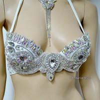 AB Silver Rhinestone Samba BraTheme Bikini Dance Fitness Comp Costume Rave Bra Burlesque Show Girl - Thumbnail 2
