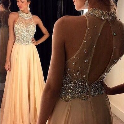 Champagne halter chiffon beaded long prom gown,evening dresses - Thumbnail 5