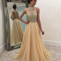 Champagne halter chiffon beaded long prom gown,evening dresses - Thumbnail 1