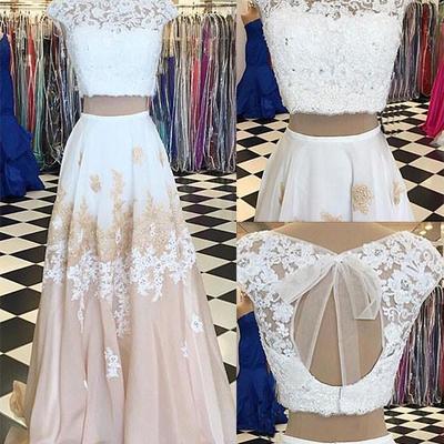 White two pieces lace long prom dress, white evening dress - Thumbnail 5
