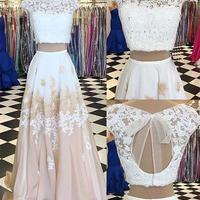 White two pieces lace long prom dress, white evening dress - Thumbnail 1