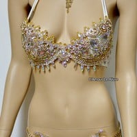 AB Gold Rhinestone Samba BraTheme Bikini Dance Fitness Comp Costume Rave Bra Burlesque Show Girl - Thumbnail 1