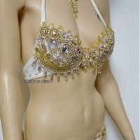 AB Gold Rhinestone Samba BraTheme Bikini Dance Fitness Comp Costume Rave Bra Burlesque Show Girl - Thumbnail 3