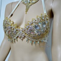 AB Gold Rhinestone Samba BraTheme Bikini Dance Fitness Comp Costume Rave Bra Burlesque Show Girl - Thumbnail 4