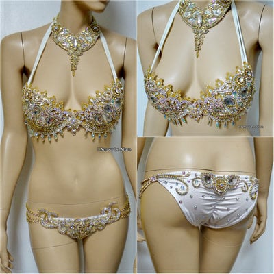 AB Gold Rhinestone Samba BraTheme Bikini Dance Fitness Comp Costume Rave Bra Burlesque Show Girl