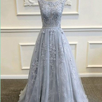 Baby blue long tulle prom dress with appliques for women - Thumbnail 5
