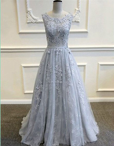 Baby Blue Long Tulle Prom Dress with appliques for Women