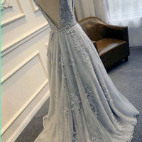 Baby Blue Long Tulle Prom Dress with appliques for Women - Thumbnail 1