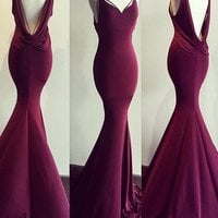 Hot-Sexy Burgundy Mermaid Spaghetti Straps Long Prom Dress - Thumbnail 1