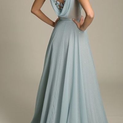 Elegant a-line sleeveless blue chiffon prom dress, long prom dress with lace