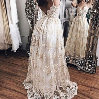 A-line spaghetti straps champagne lace long prom dress,sexy prom dress