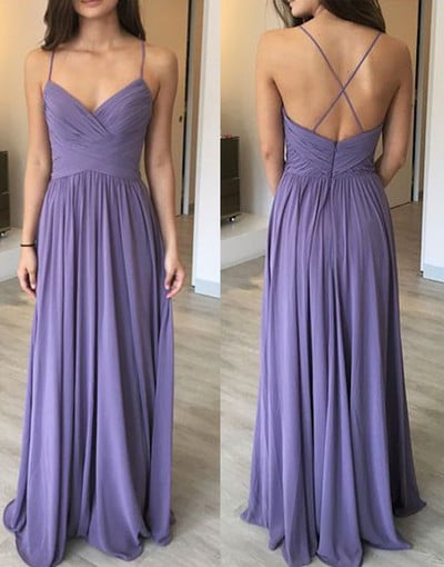 Elegant A-Line Spaghetti Straps V-Neck prom dress , Chiffon Long Prom Dress