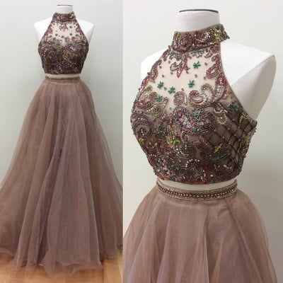 Two-Piece A-Line Floor-Length Prom Dress with Beading , tulle sexy prom dress