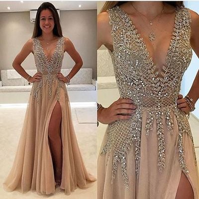 Gorgeous V-Neck Champagne A-Line Split-Front Long Prom Dress with Beading