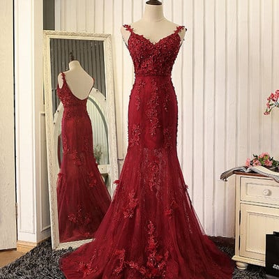 New arrival v-neck red lace mermaid  long prom dress with appliques