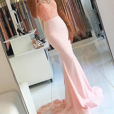 Mermaid halter sweep train pink new style long prom dress with lace