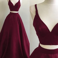 A-Line Two-Piece Simple V-Neck Burgundy Long Prom Dress - Thumbnail 1