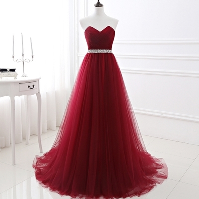 A-line round neck burgundy chiffon long prom dress with beading