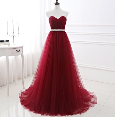 A-Line Round Neck Burgundy Chiffon Long Prom Dress with Beading