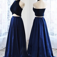 A Line Two Piece Halter Royal Blue Long Prom Dress, cheap prom dress - Thumbnail 1