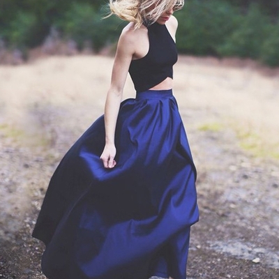 A line two piece halter royal blue long prom dress, cheap prom dress