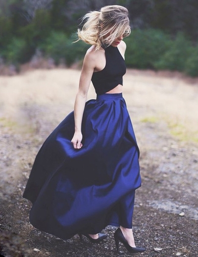 A Line Two Piece Halter Royal Blue Long Prom Dress, cheap prom dress